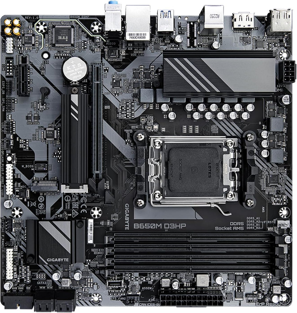 GIGABYTE B650M D3HP AMD AM5 mATX Motherboard, Support Ryzen 9000/8000/7000 Series, DDR5, 5+2+2 Power Phase, 2X M.2, PCIe 4.0, USB-C 3.2 Gen 1, 2.5 GbE, EZ-Latch, Q-Flash, RGB Fusion