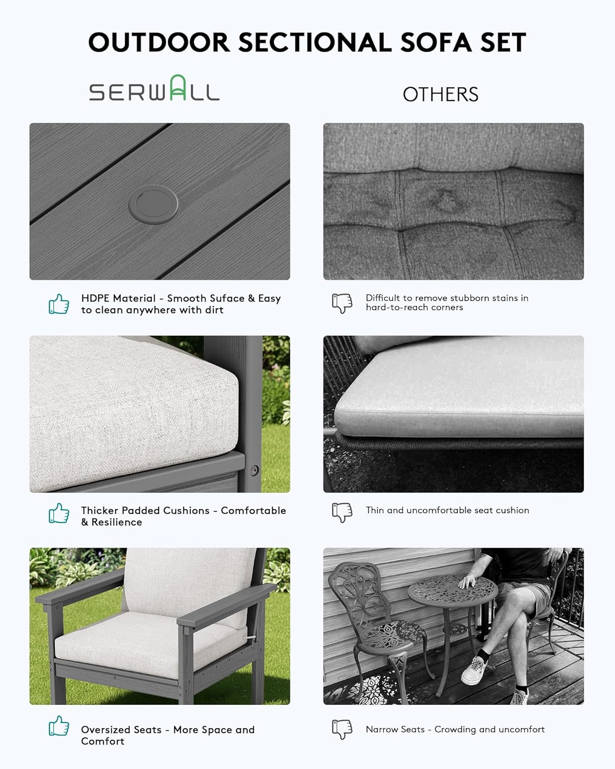 SERWALL HDPE Patio Conversation Set, 6-piece Sectional Outdoor Furniture Set, All Weather Outdoor Couch Set Patio Furniture Set for Deck, Lawn, Grey Frame with Khaki Cushion