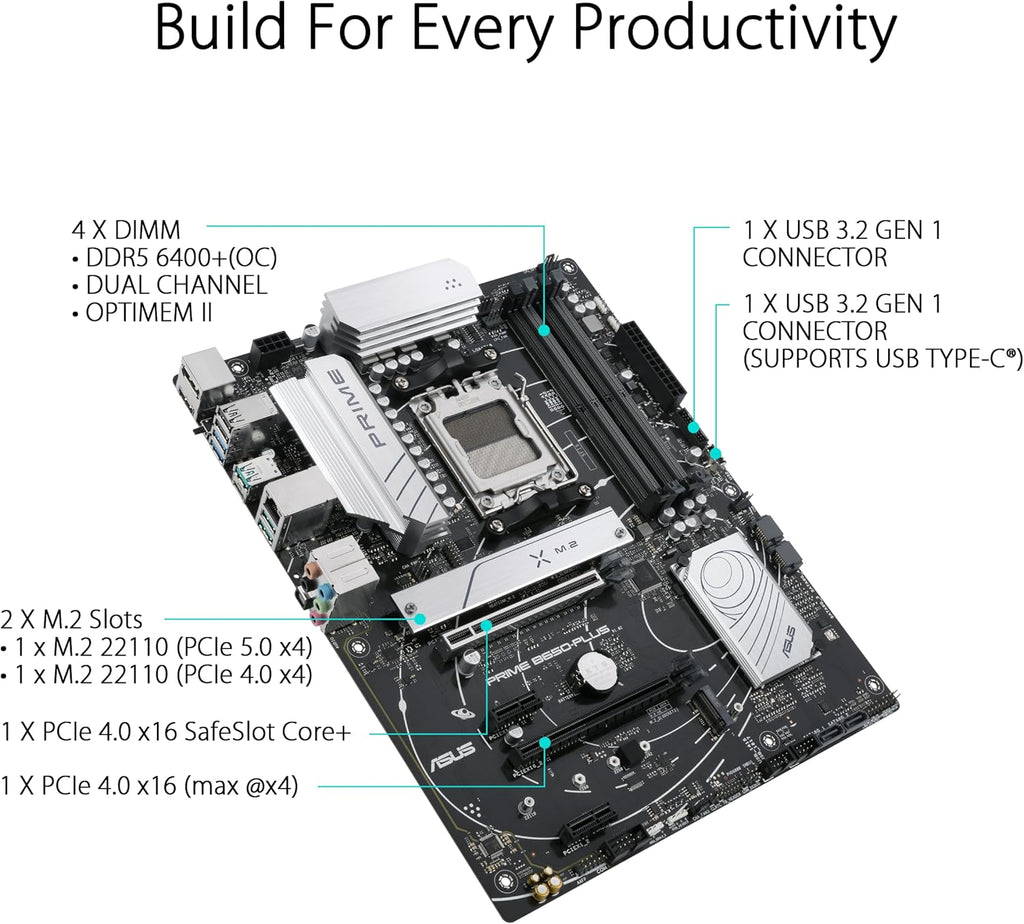 ASUS Prime B650-PLUS AMD B650 AM5 Ryzen™ Desktop 9000 8000 and 7000 ATX Motherboard, DDR5, PCIe 5.0 M.2, 2.5Gb LAN, DP, HDMI®, SATA 6Gbps, USB 3.2 Gen 2 & 1 Type-C®, BIOS Flashback™, USB4® Support