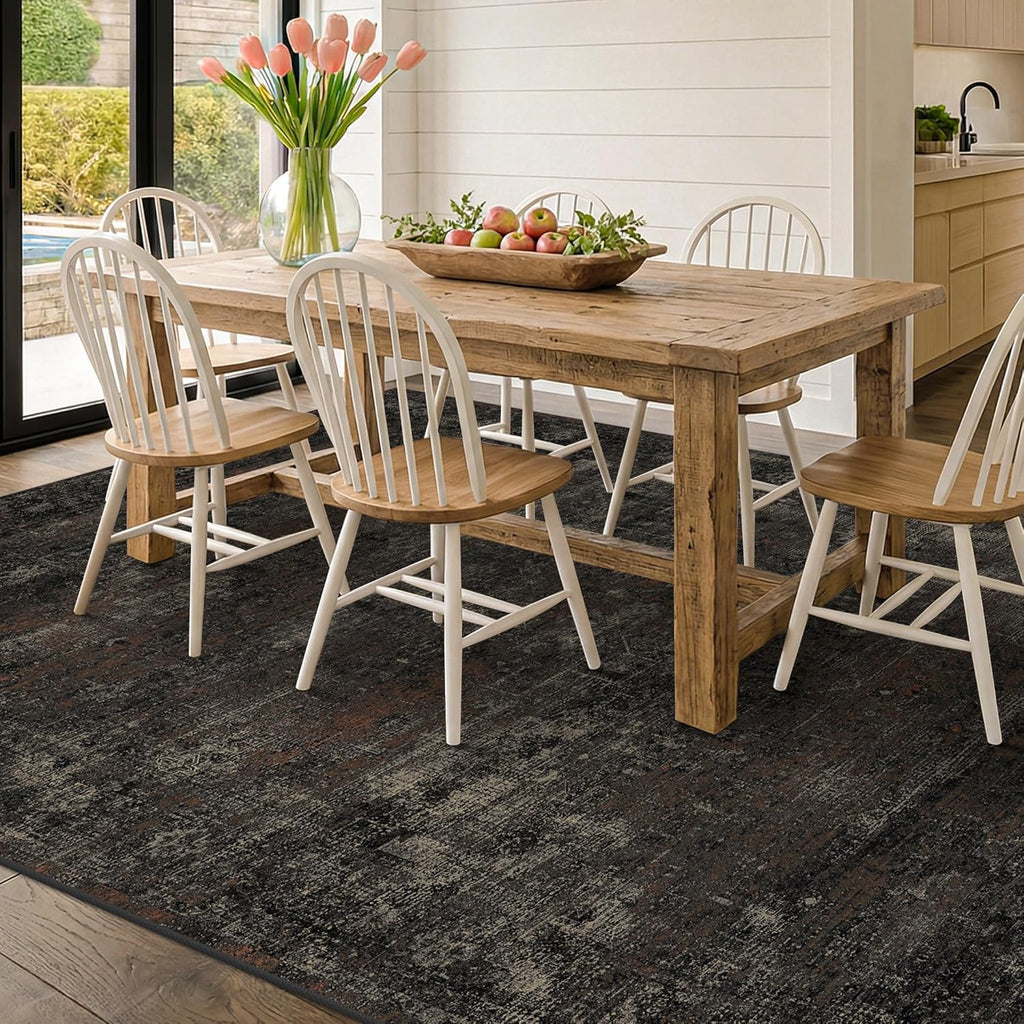 TALANOVA Black Farmhouse Washable 8x10 Area Rugs for Living Room, Dark Charcoal Volcanic Textured Large Rug for Bedroom, Non-Slip Stain Resistant for Dining Room Office Décor