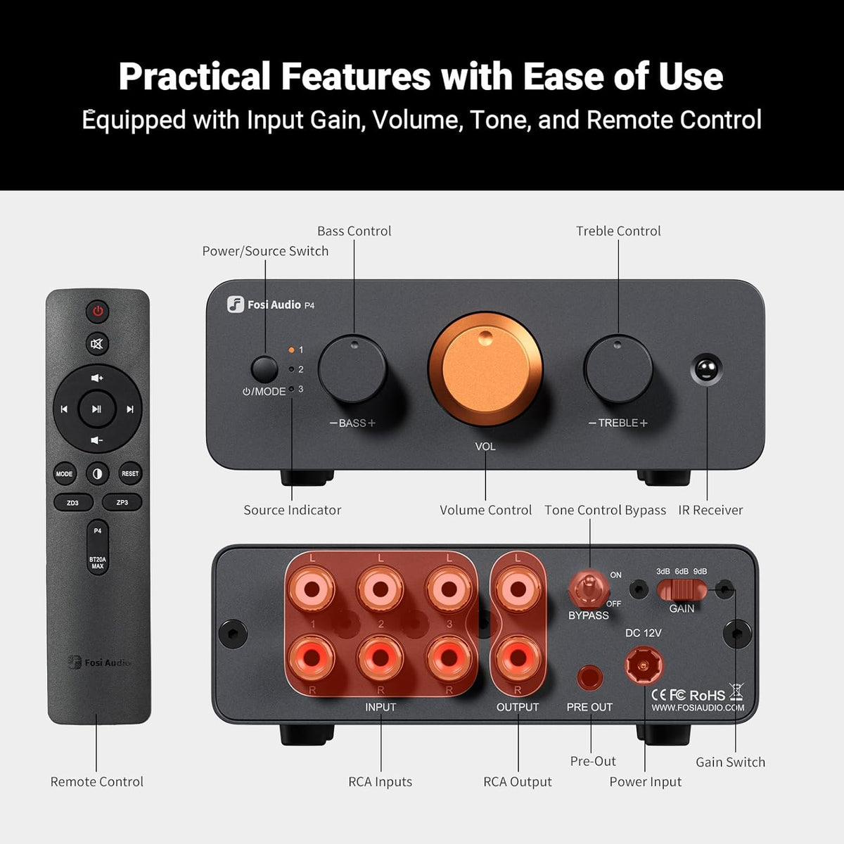 Fosi Audio P4 Mini Preamp with 3 RCA Inputs, Home Audio Stereo Pre amp for Amplifier/Active Subwoofer/Speakers, Preamplifier with 3-Level Adjustable Gain 3/6/9 dB, Bass and Treble Control