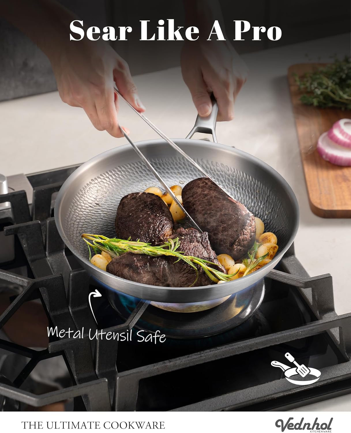 Titanium Au Gratin Pans Set 8/10/12 Inch, Pure Titanium Hammered Frying Pans with 2 Lids, Non-Toxic Skillet Cookware, PFAS/PFOA/PTFE Free, Dishwasher & Oven Safe, Induction Compatible