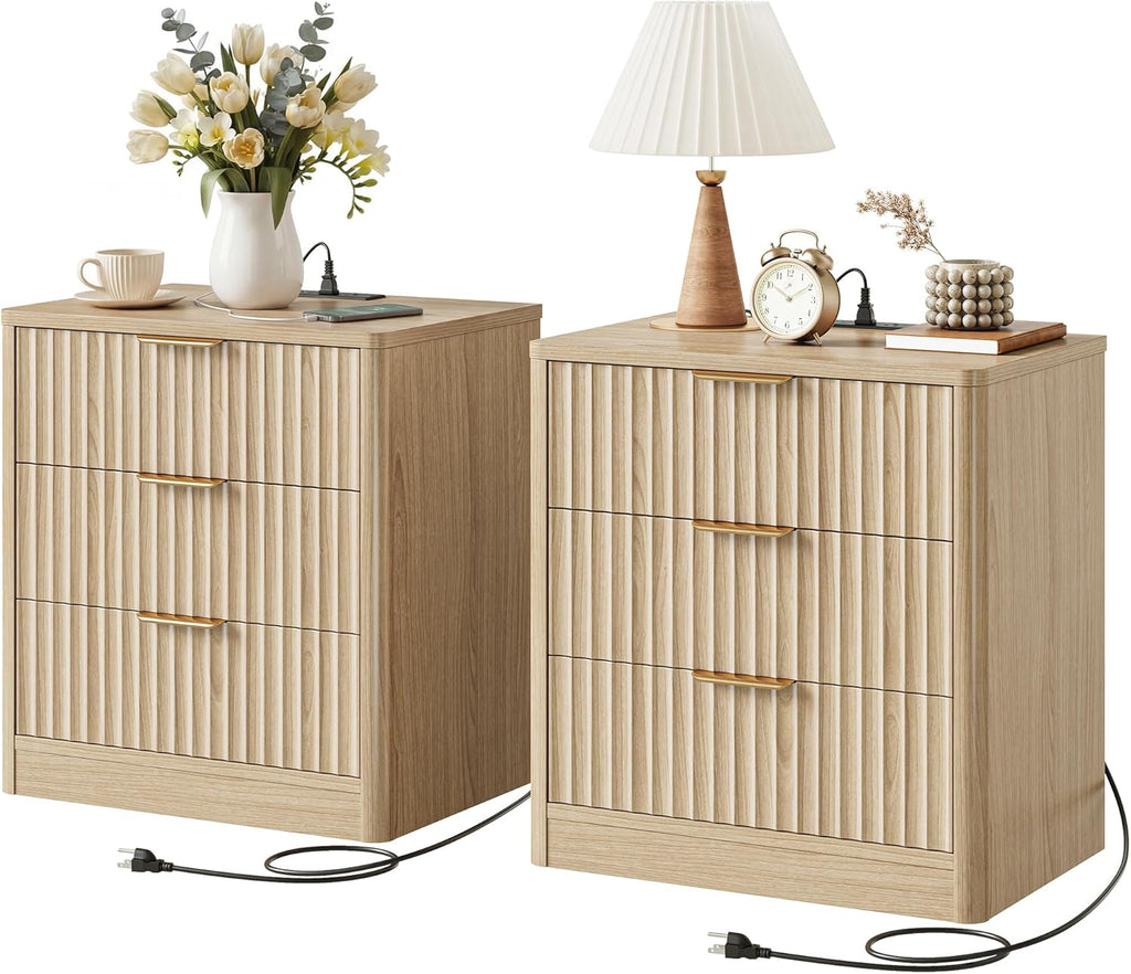 IRONCK Fluted Night Stand Set of 2, 22" Modern Nightstand with Charging Station & 3 Drawers, Bedside Table for Bedroom, Natural Oak