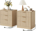 IRONCK Fluted Night Stand Set of 2, 22" Modern Nightstand with Charging Station & 3 Drawers, Bedside Table for Bedroom, Natural Oak