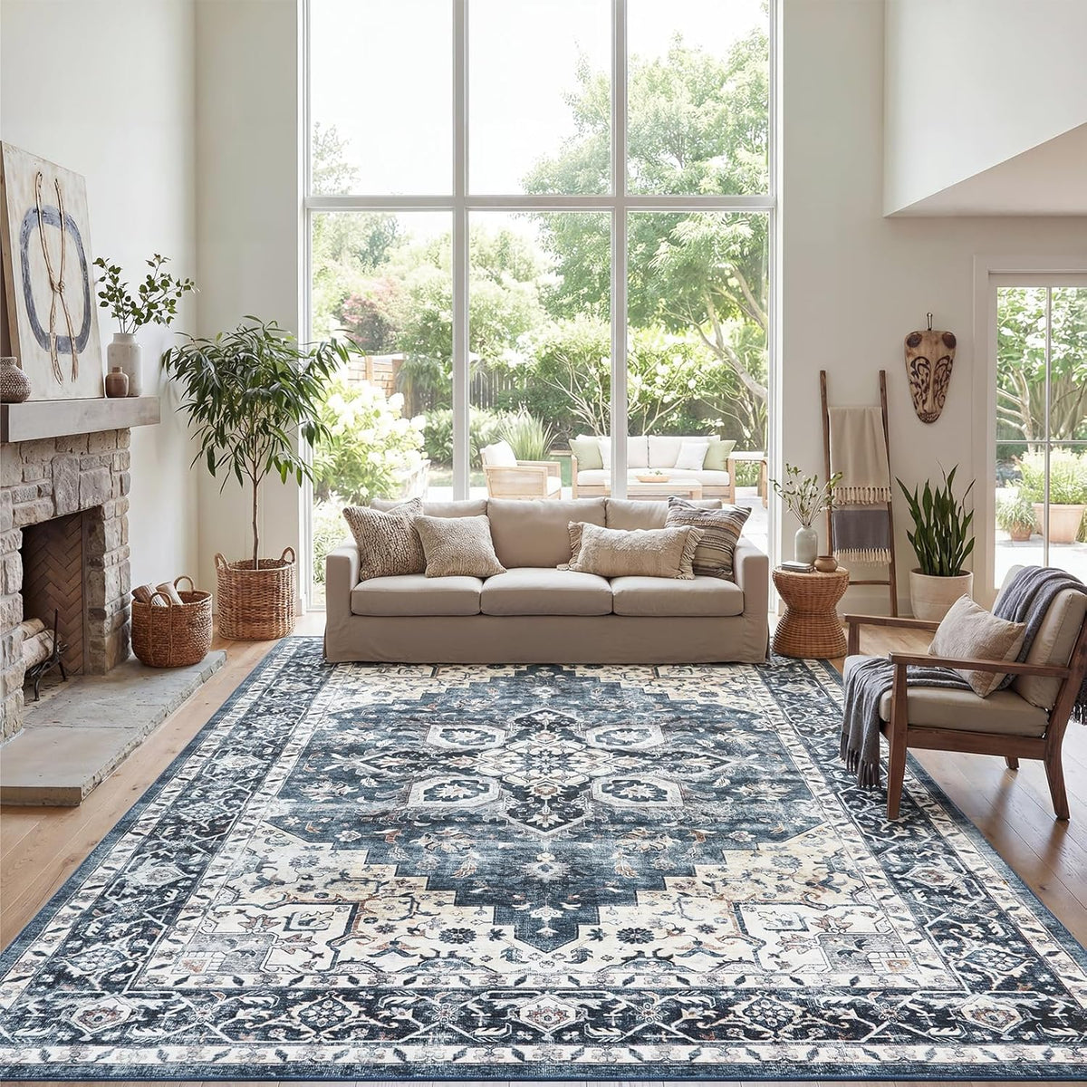 AMADA HOMEFURNISHING 9x12 Washable Area Rug, Low-Profile Large Area Rug with Non-Slip Backing & Durable Edge Binding, Vintage Large Rugs for Living Room, Bedroom & Dinning Room