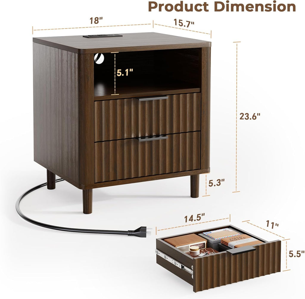 Fluted Nightstand with Charging Station, 2 Drawers Storage Bedside Table, Solid Wood Modern Nightstand with Open Shelf, Curved Profile Design, End Table for Indoor Room Bedroom Office, Walnut