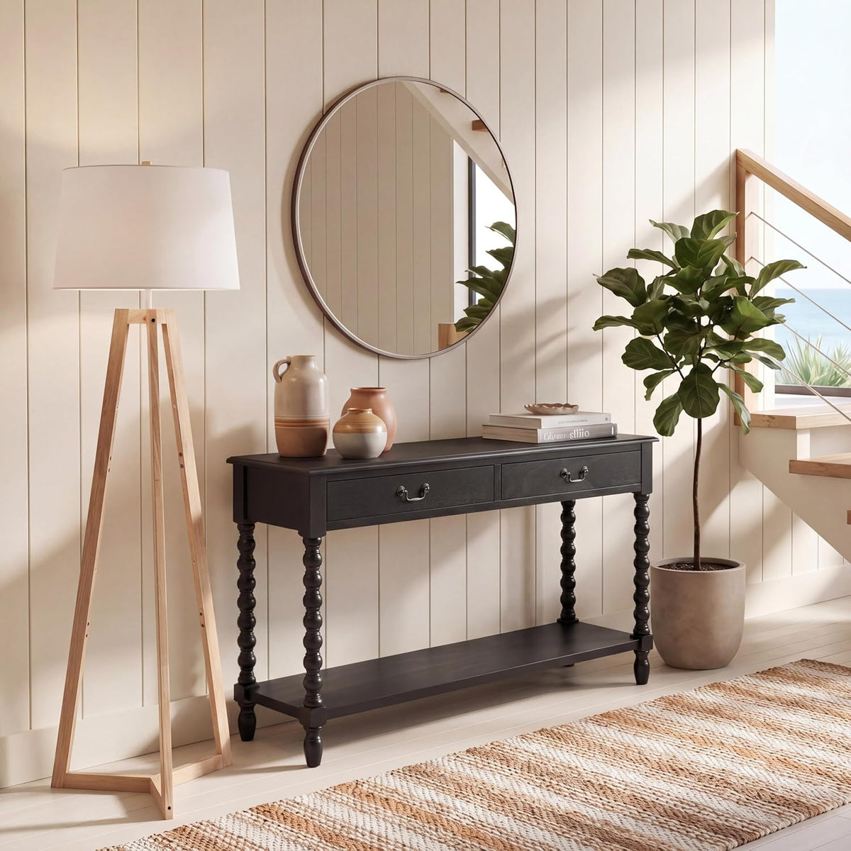 SAFAVIEH Furniture - Athena 2-Drawer Console Table - Black - Solid Wood - Farmhouse Classic Design - Ideal for Entryway, Living Room, Hallway, 35.5" W x 13" D x 29.5" H (CNS5702B)