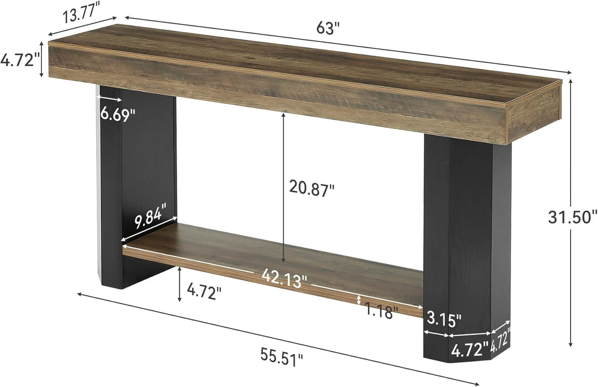 LITTLE TREE 63 in Console Table, 2 Tier Sofa Table Behind Couch, Long Console Sofa Tables for Living Room, Industrial Hallway Foyer Table for Entryway, Rustic Brown & Black