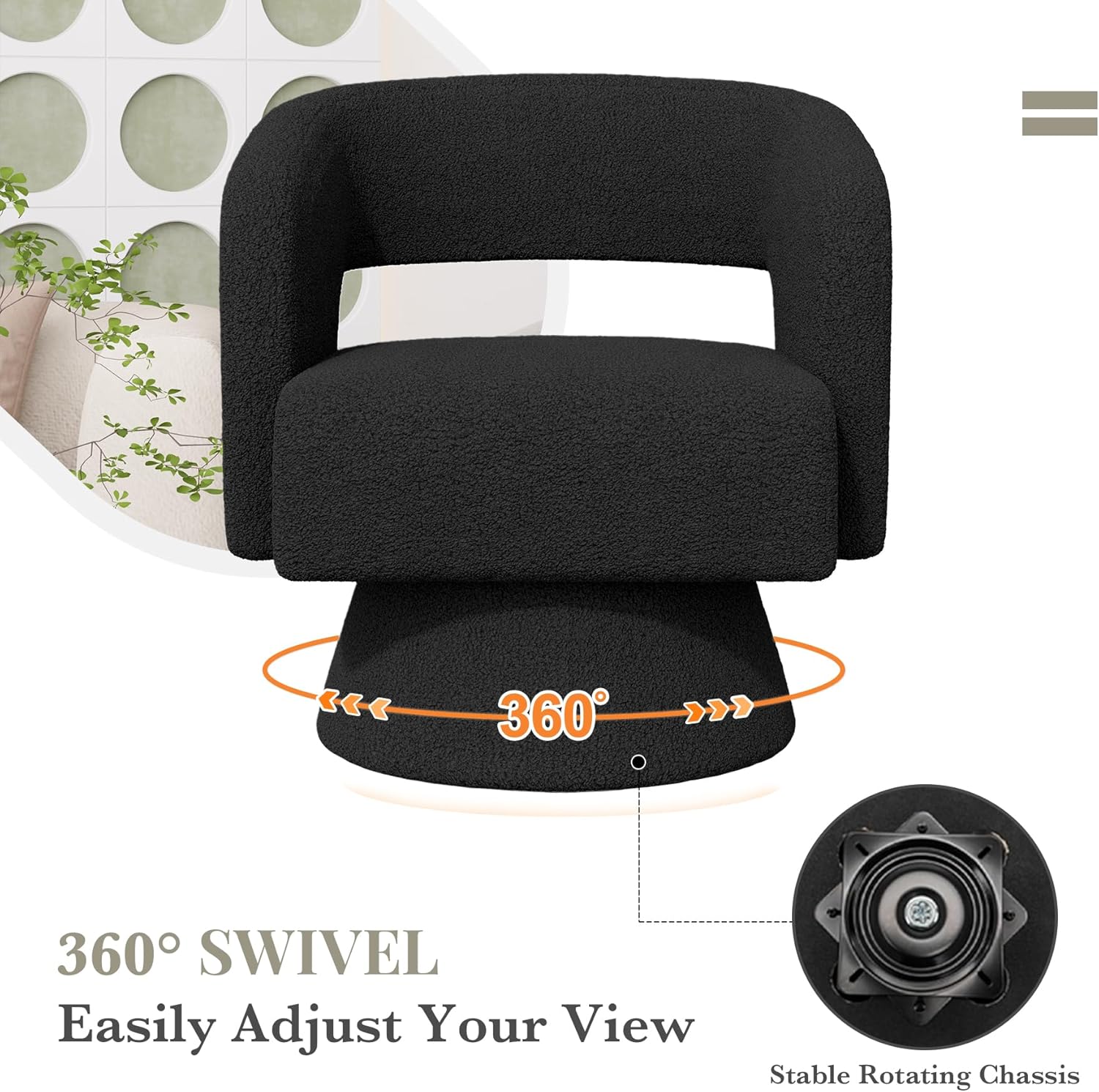 Luxanimarion Swivel Barrel Accent Chair,Oversized Teddy Upholstered Round Swivel Chair,Modern Luxury 360 Degree Living Room Vanity Chair for Bedroom Office,Black,2PCS