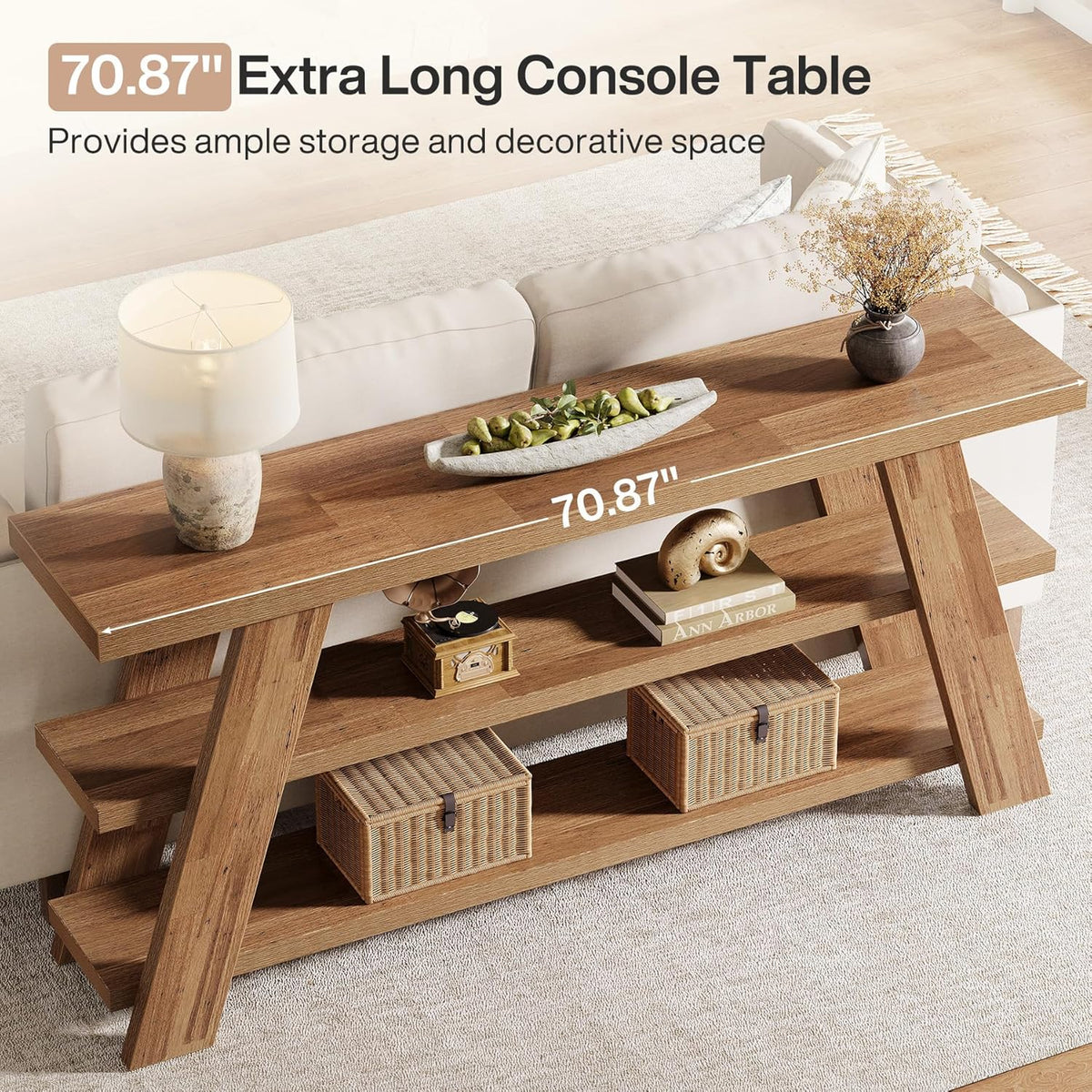 Tribesigns 70.9" Extra Long Console Table with Storage, 3-Tier Narrow Wooden Sofa Table Behind The Couch, Farmhouse Entry Foyer Table for Entryway, Living Room, Hallway, Brown
