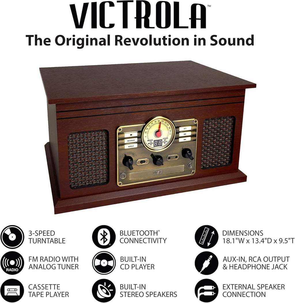 Victrola Hawthorne – 3-Speed (33 1/3, 45, 78 RPM) Bluetooth Record Player with CD, Cassette, FM Radio, & Built-in Stereo Speakers, RCA Out & Aux in, Wireless Music Streaming (Espresso)