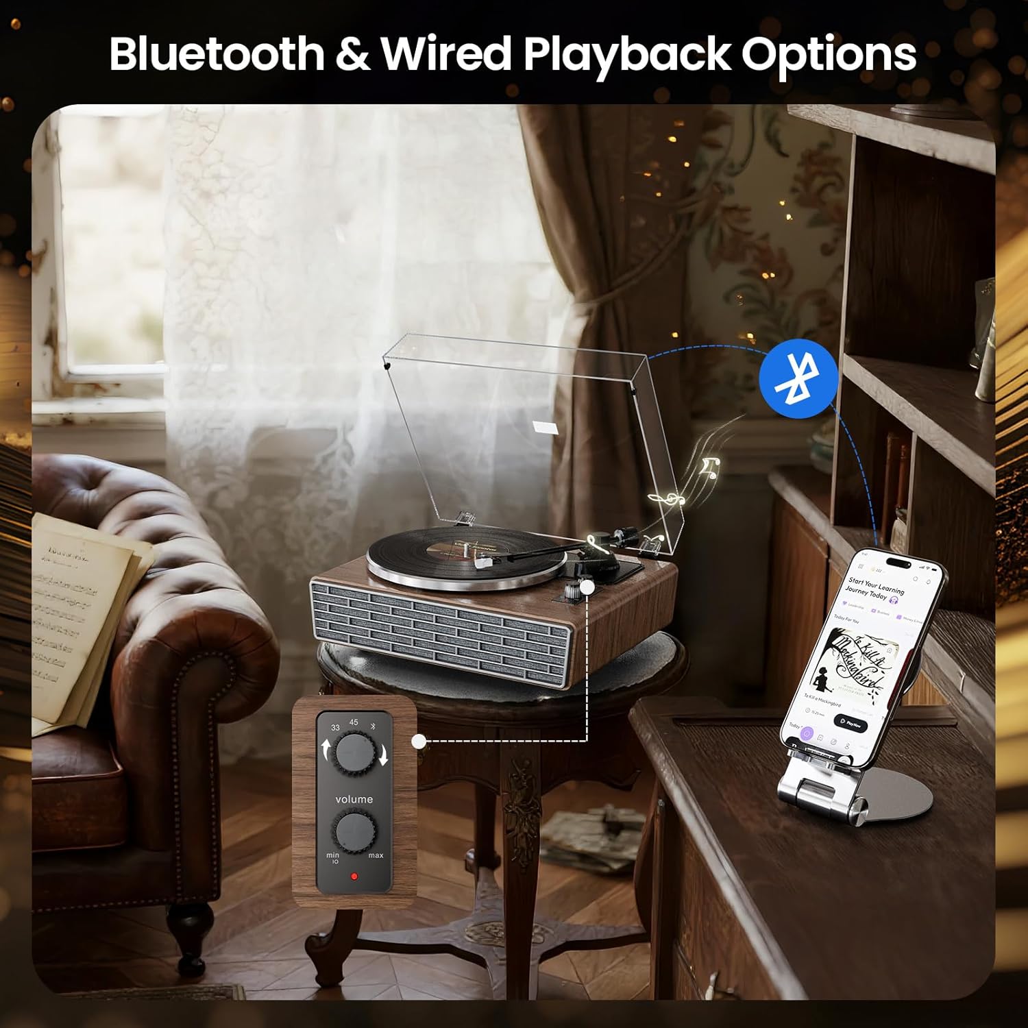 XJ-HOME All in One Vinyl Record Player with 4 Treble/Bass Stereo Speakers,Bluetooth HiFi Turntables for Vinyl Records with Magnetic Cartridge AT-3600L,Phono Preamp,33/45RPM,2-Speed,AUX in/RCA Out