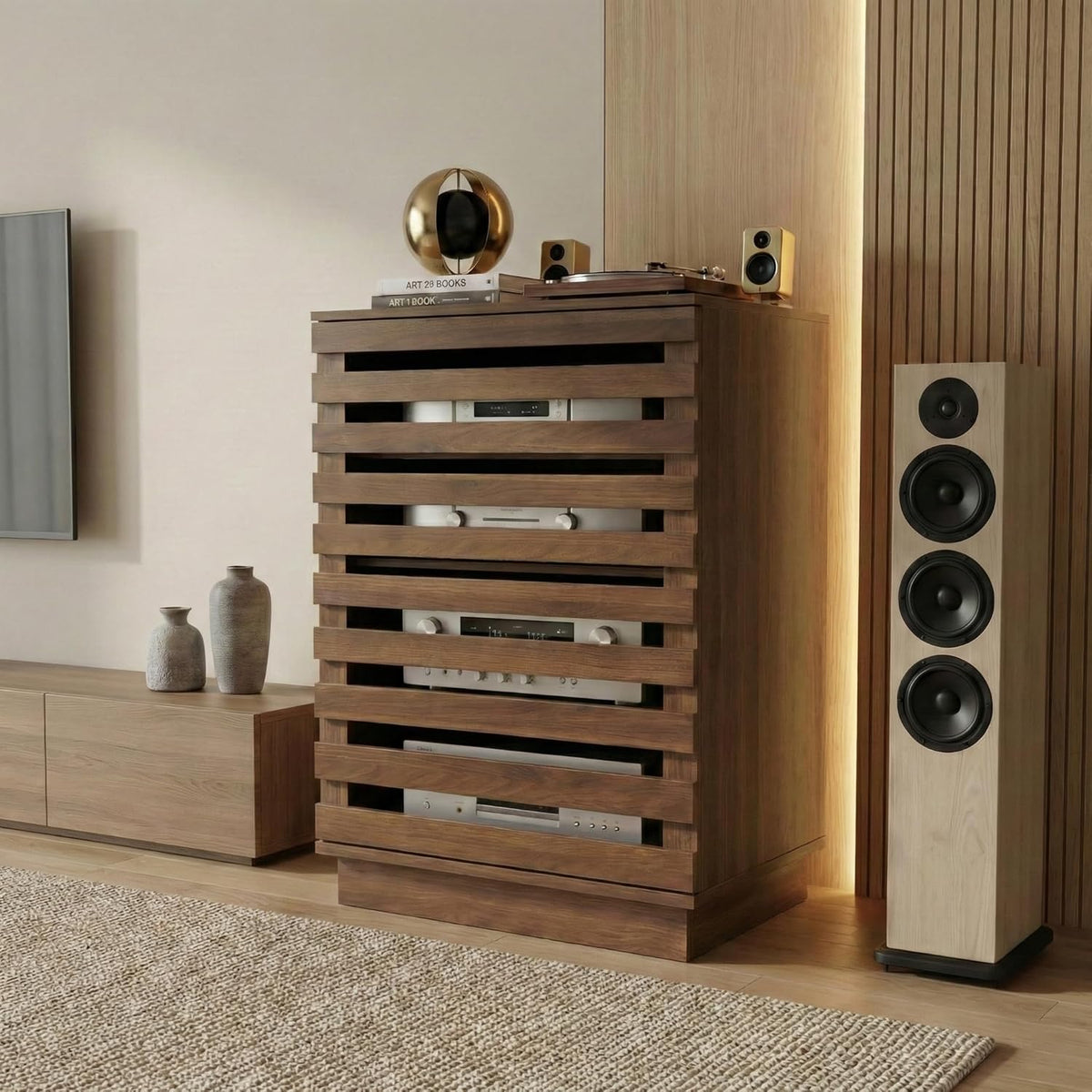 holzart Modern Slatted Audio Component Cabinet, 4-Tier Stereo Equipment Rack Media Stand with Ventilated Door & Cable Management, Rustic Brown 35.4" Tall