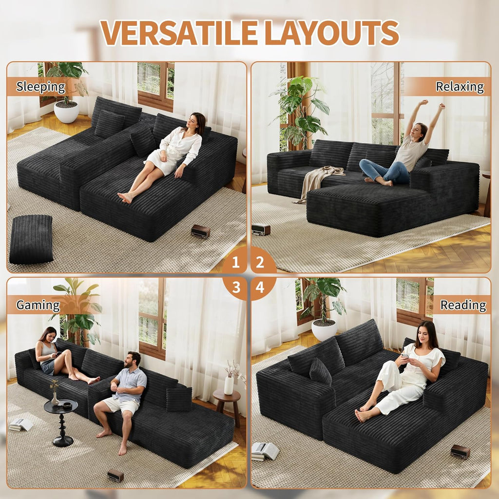 107" Modular Sectional Couches for Living Room, Comfy L-Shaped Boneless Cloud Couch with Chaise, Modern Deep Seat Corduroy Floor Sofa, No Assembly Required (Right Facing Chaise, Black)