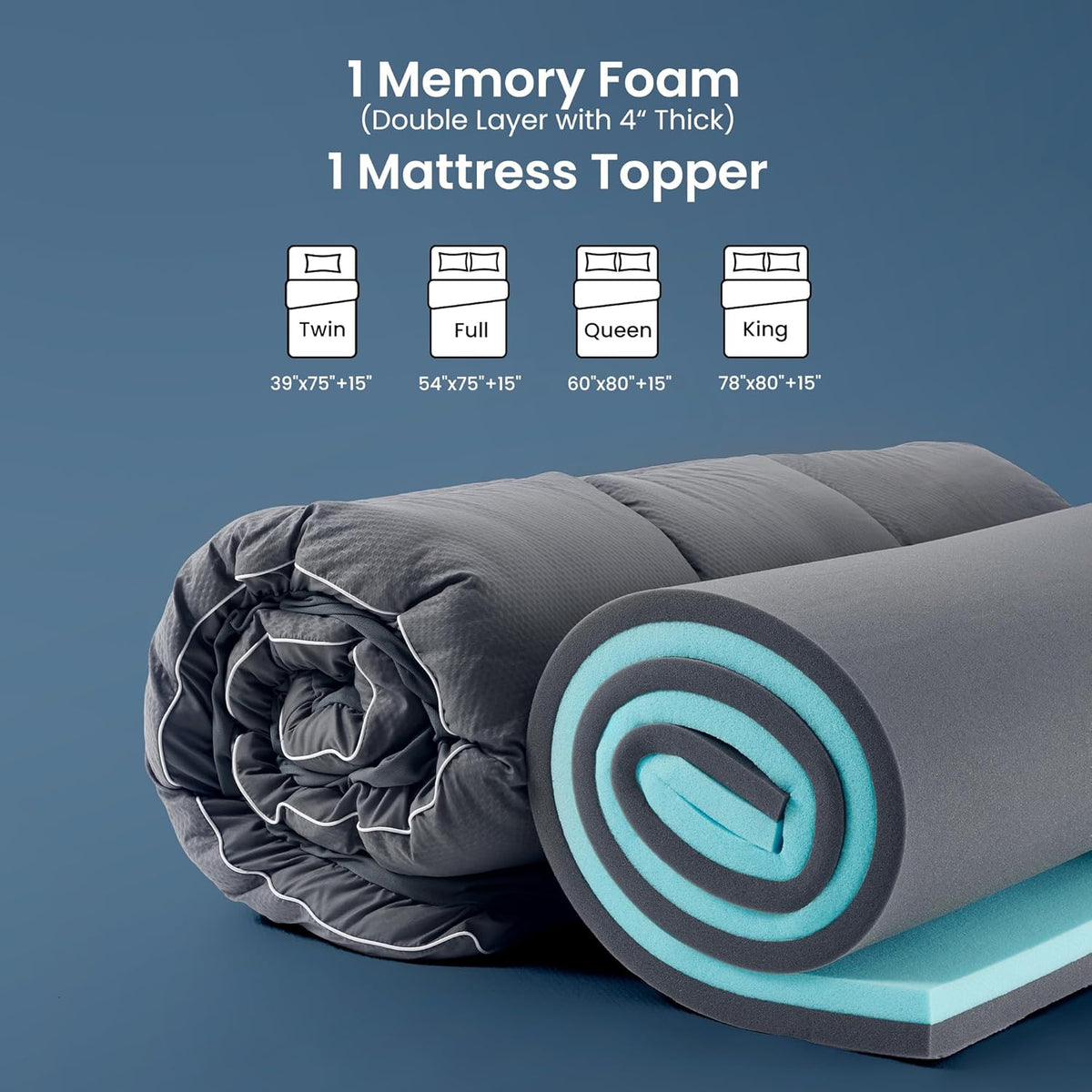 SLEEP ZONE Dual Layer 4 Inch Memory Foam Mattress Topper, 2 inch Cooling Gel Memory Foam Plus 2 inch Waterproof Removable Pillowtop Mattress Pad Cover for Back Pain, Comfort Support (Queen)