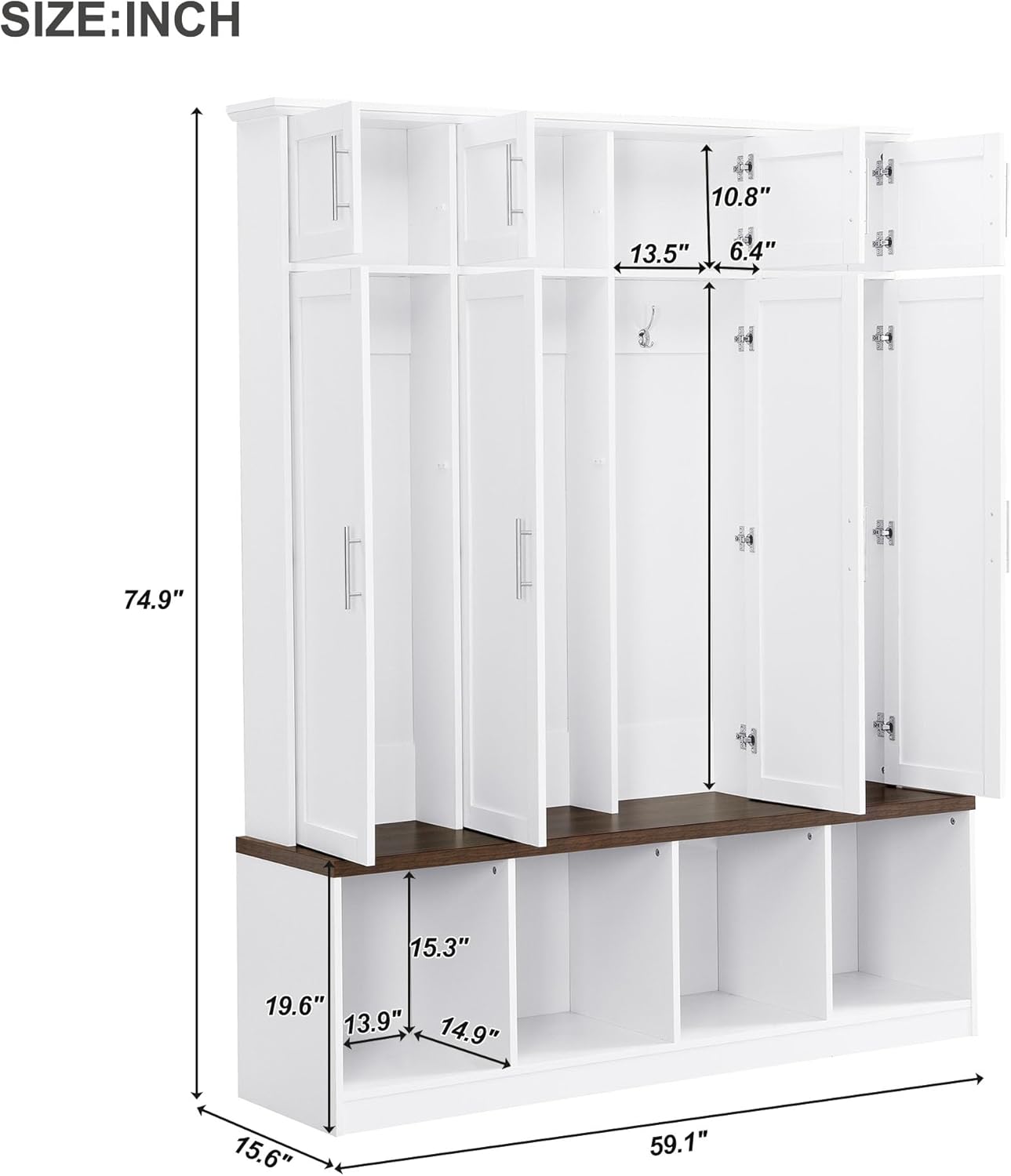 LUMISOL Wide Hall Tree with Storage Bench, Entryway Coat Rack with Open Compartments and 4 Hidden Hanging Hooks, Mudroom Entryway Bench with Shoe Storage, White