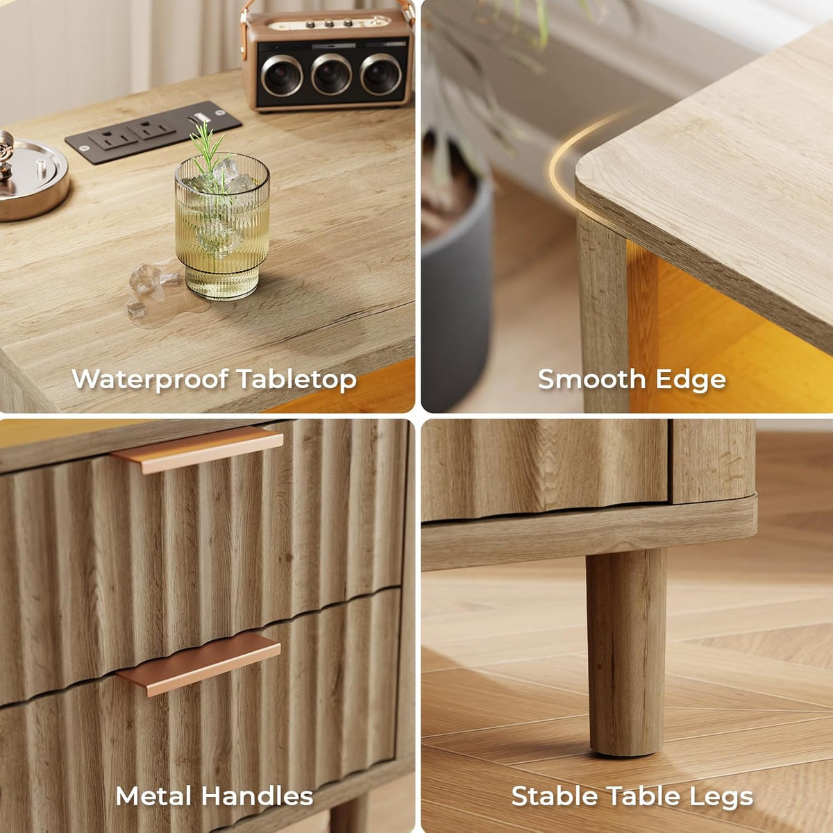 Fluted Nightstand with Charging Station, 2 Drawers Storage Bedside Table, Solid Wood Modern Nightstand with Open Shelf, Curved Profile Design, End Table for Indoor Room Bedroom Office, Oak