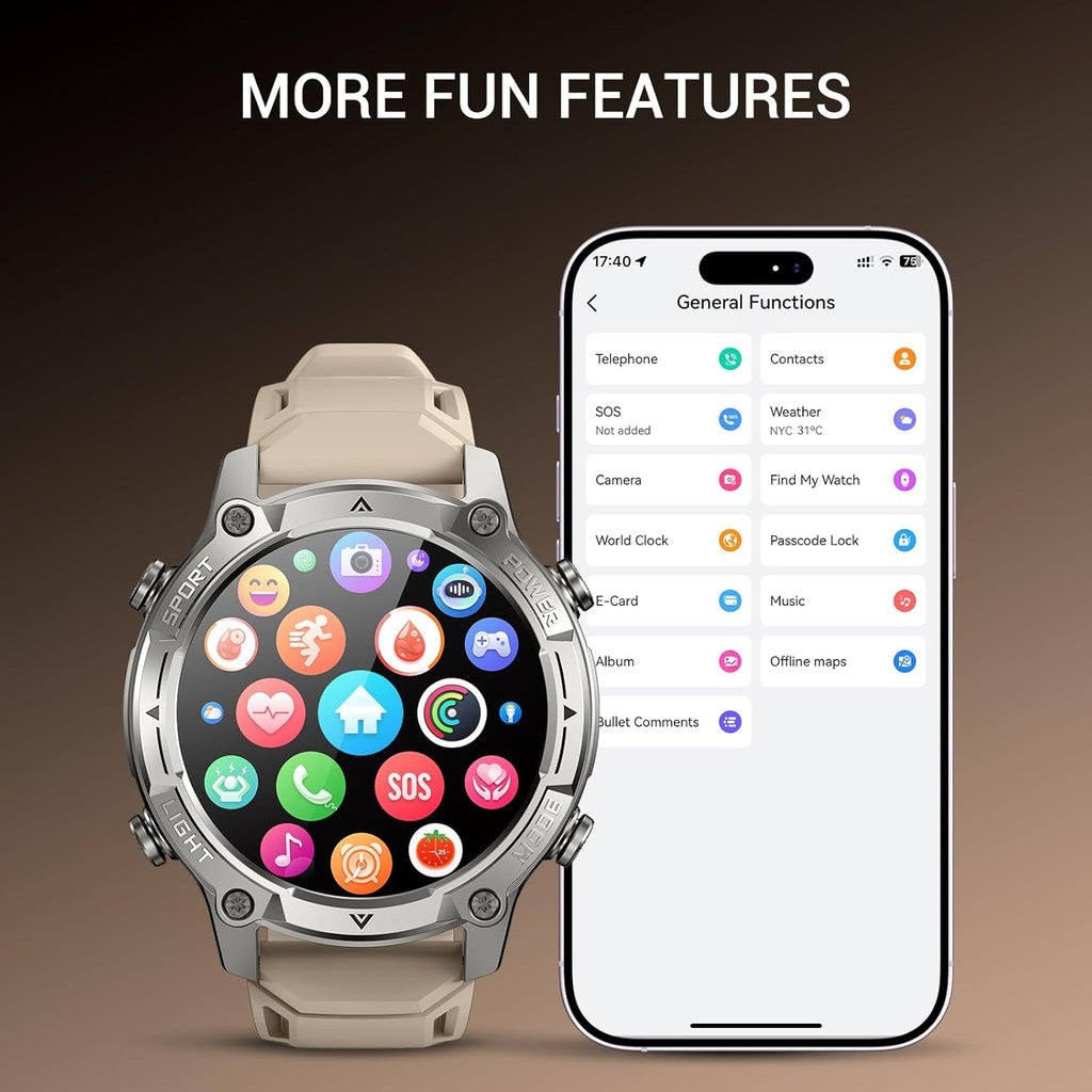Men's Outdoor Smartwatch, Standalone GPS & Offline Maps, 5ATM Waterproof, 1.43" AMOLED, 4GB Memory, 178 Sports Modes, Compass, Heart Rate/SpO2/Stress/Sleep Monitor, Compatible Android and iOS Khaki
