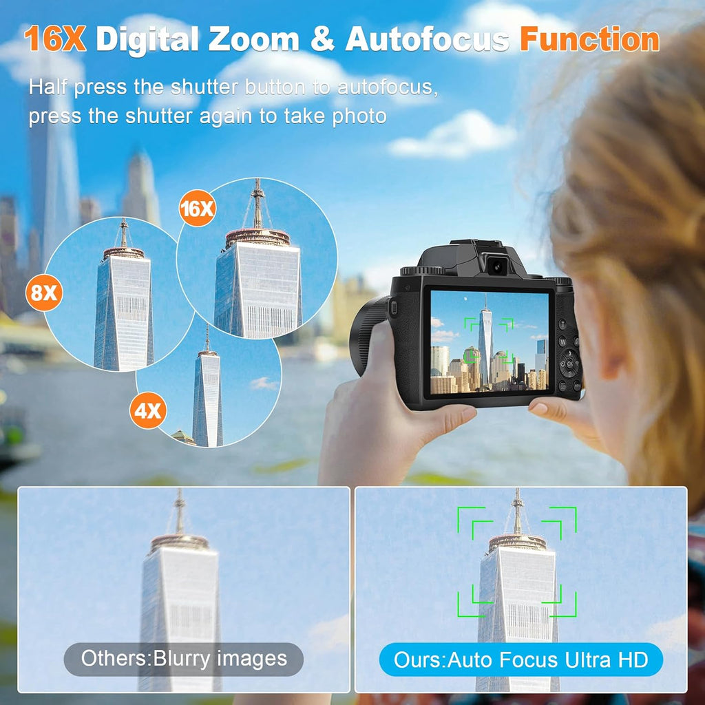 8K Digital Camera for Photography,64MP WiFi Dual-Lens Vlogging Camera for YouTube with 16X Digital Zoom,Flash,Touch Screen,32GB TF Card,Lens Hood,HDMI Output & 3000mAH Battery(Black)
