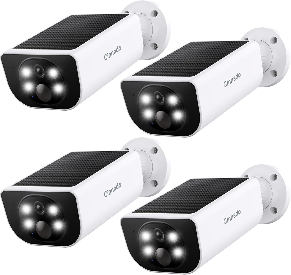 Cinnado Security Cameras Wireless Outdoor - Home Security Cameras Solar & Battery Powered with 2K Color Night Vision, 2-Way Talk & Spotlight, Continuous Power, 2.4 GHz Wi-Fi, Easy Set Up, S1 4 Pack