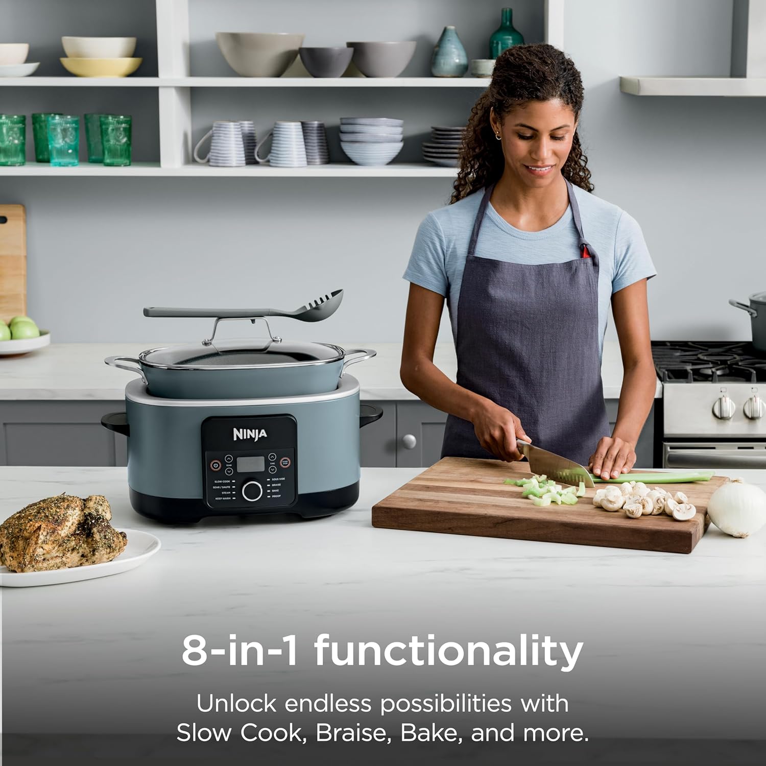 Ninja® 14-in-1 PossibleCooker™ PRO | 8.5qt, Sous Vide, Proof, Bake, & Steam Multicooker | Slow Cooker, Dutch Oven | Glass Lid & Integrated Spoon | Nonstick, Oven Safe Pot 500°F | Sea Salt Gray |MC1001