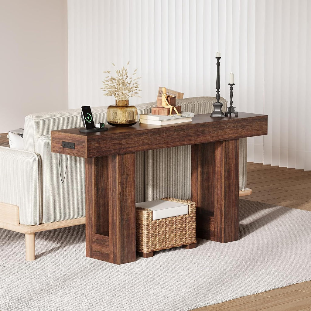GAOMON 63 Inch Long Entry Table with Power Outlet, Farmhouse Narrow Console Table with Storage Behind Couch for Living Room, Wooden Hallway Foyer Table with Heavy Duty Base, Brown