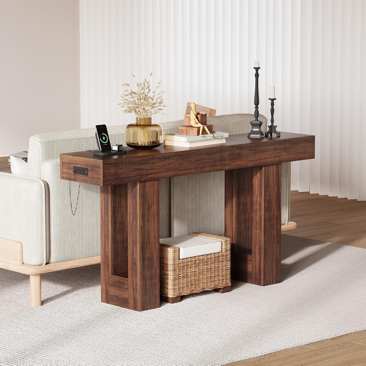 GAOMON 63 Inch Long Entry Table with Power Outlet, Farmhouse Narrow Console Table with Storage Behind Couch for Living Room, Wooden Hallway Foyer Table with Heavy Duty Base, Brown