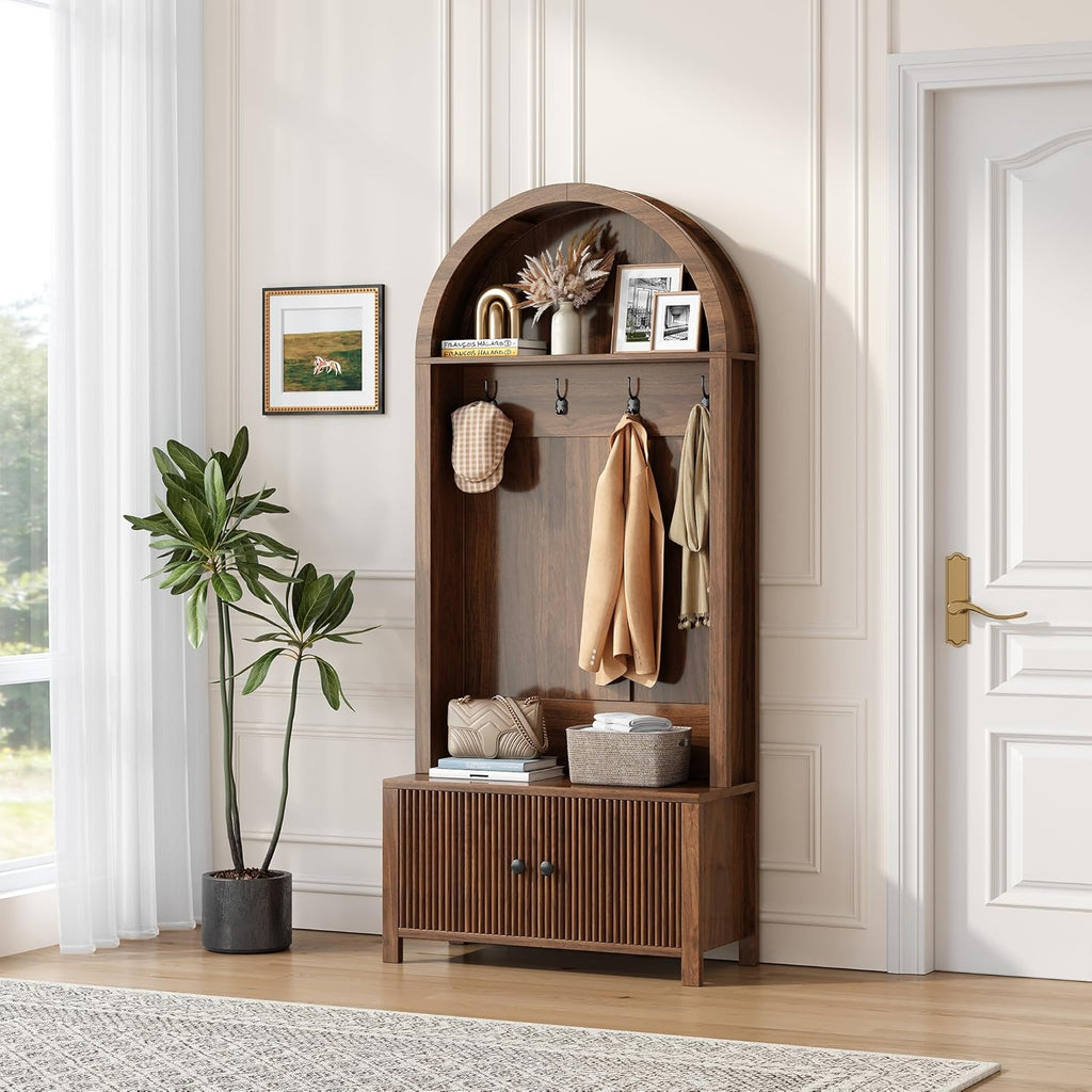 Hall Tree with Bench and Shoe Storage, 4-in-1 Mudroom Entryway Coat Rack & Shoe Storage Cabinet with 4 Hooks, Farmhouse Style Furniture Organizer for Hallway, Foyer, Walnut