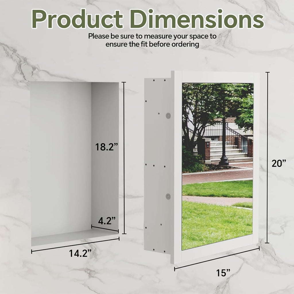 14'' * 18'' Recessed Medicine Cabinet with Mirror, 2-Tier Bathroom Wall Niche Wood Insert for Drywall, in Wall Shelf Medicine Cabinets Replacement, for Living Room, Bathroom Storage, White