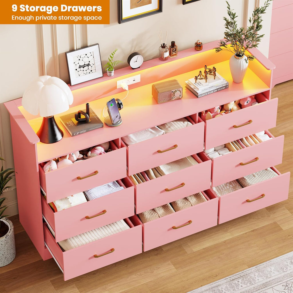 Garvee 9 Drawer Dresser for Bedroom - 65” Wide Chest of Drawers with LED Light and Charging Station, Modern Large TV Stand Cabinet Organizer with Open Shelf for Living Room, Entryway, Hallway, Pink