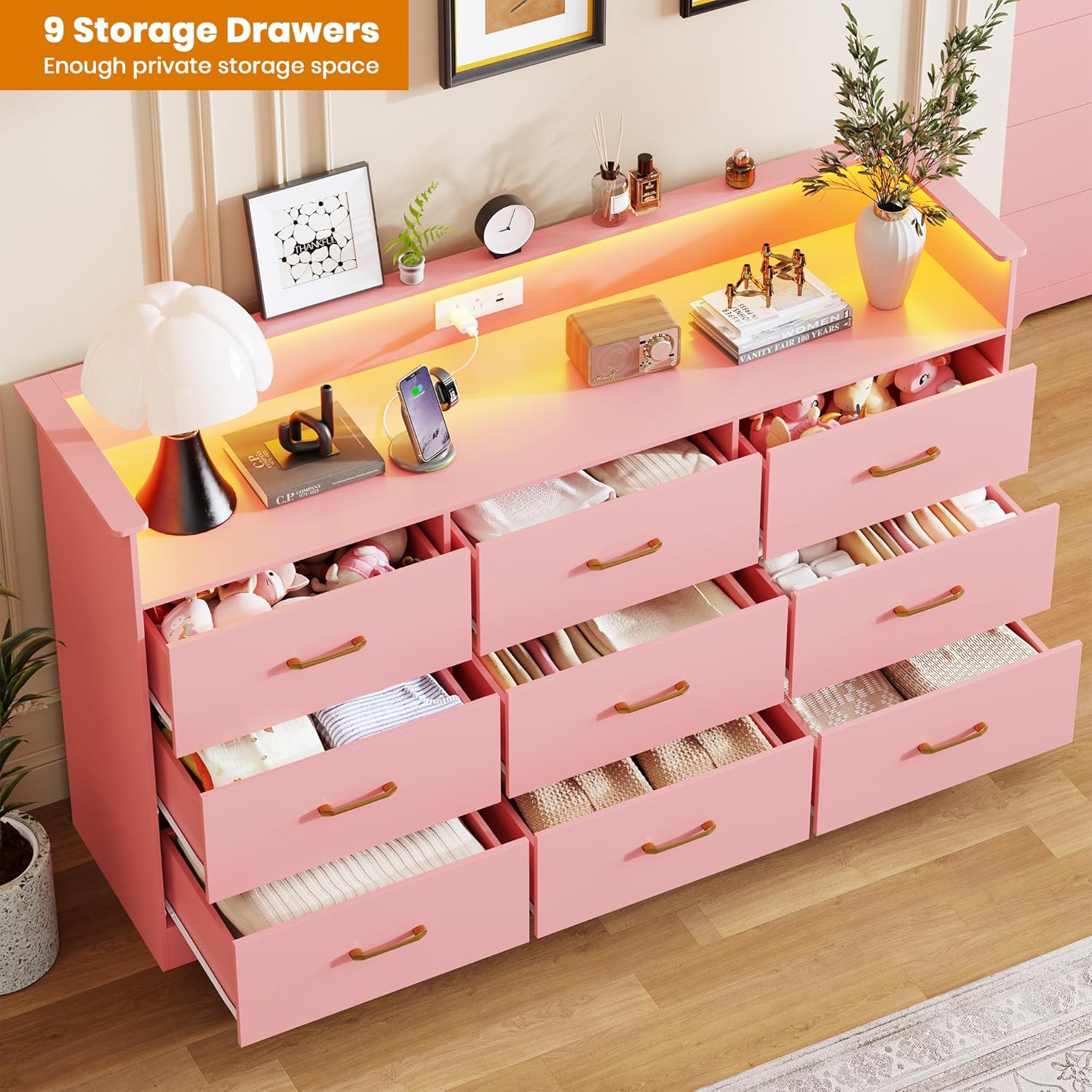 Garvee 9 Drawer Dresser for Bedroom - 65” Wide Chest of Drawers with LED Light and Charging Station, Modern Large TV Stand Cabinet Organizer with Open Shelf for Living Room, Entryway, Hallway, Pink