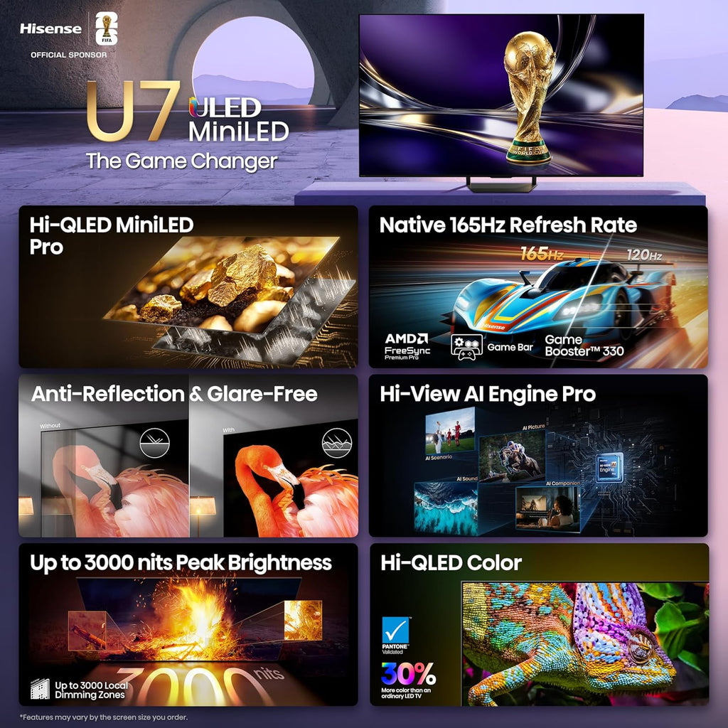 Hisense 55" U7 Mini-LED ULED 4K UHD Best Premium Gaming Google Smart TV (55U7SG, 2026 NEW) - Hi-QLED, Native 165Hz, VRR 330, HDR10+, Dolby Vision IQ·Atmos, IMAX Enhanced, Anti-Reflection, 2.1.2 Ch