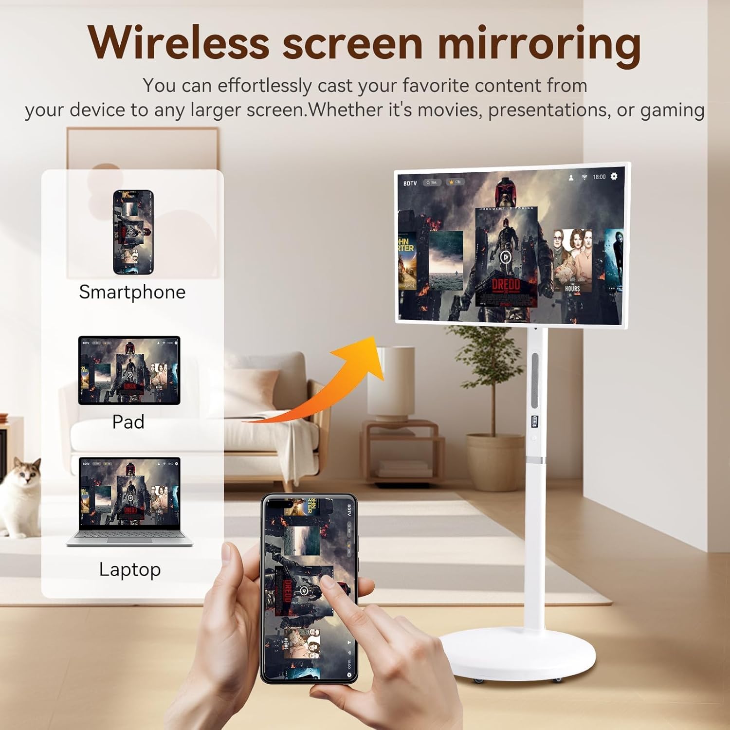 32 Inch UHD 4K Smart Portable TV on Wheels, 16GB+256GB Storage, Android 15 OS, Rolling TV with Rotatable Touch Screen, Built-in Battery, Voice Remote, Full Rotation Mobile TV for Home, Outdoors