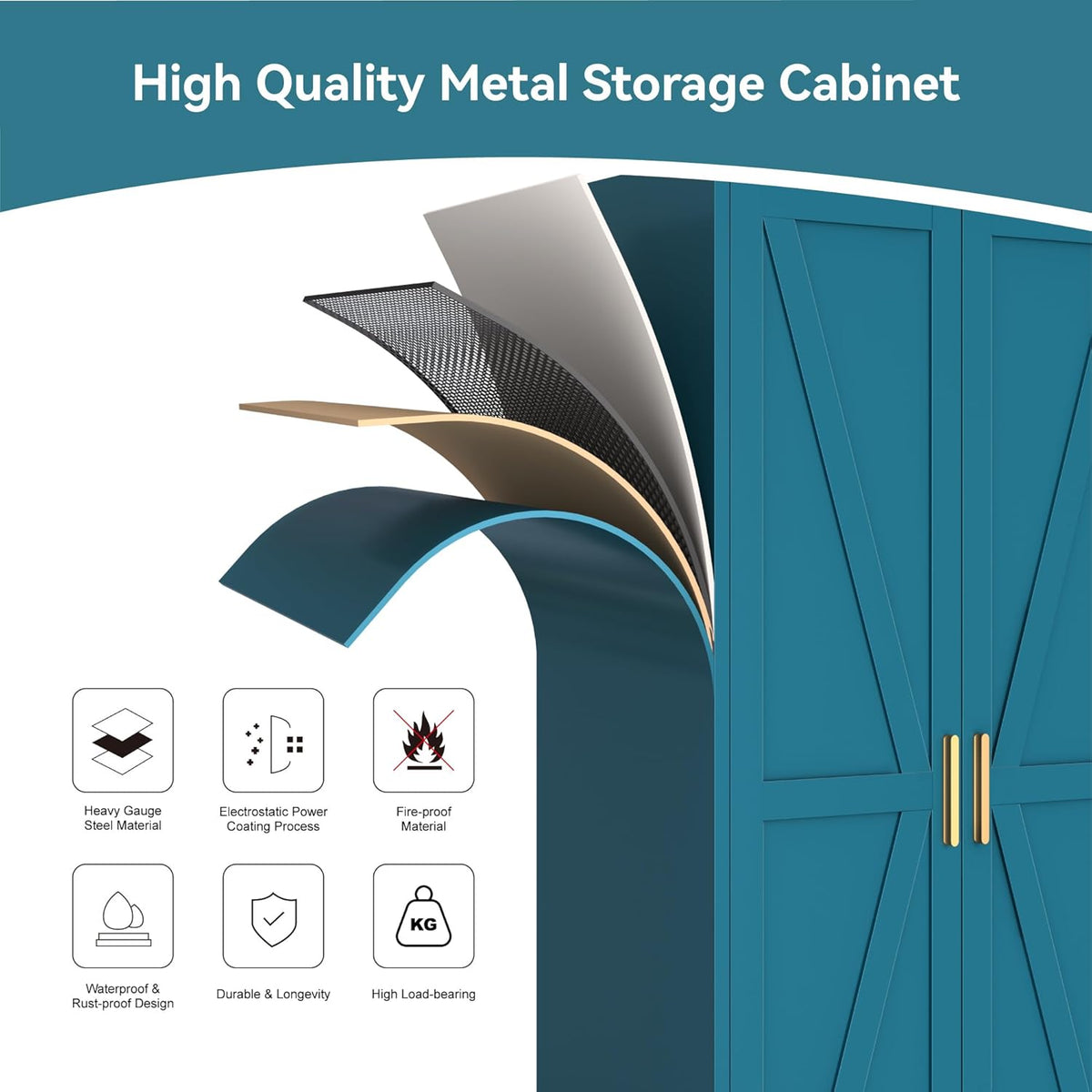 Metal Combination Cabinet, Utility Storage Cabinet with 4 Shelves, Farmhouse Pantry Closet with Doors, 71" Tall Storage Cabinets with Hanging Rod and Clothing Shelf for Bedroom Closet Laundry Mudroom