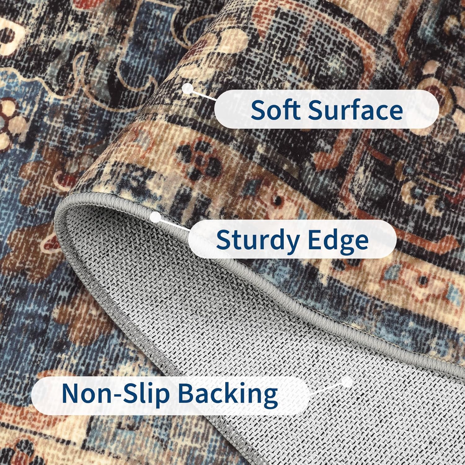 GarveeHome 8x10 Washable Vintage Living Room Area Rug: Vintage Machine Washable Area Rug for Living Room Indoor Large Non-Slip Bedroom Carpet Low Pile Stain Resistant Dining Room Carpet Blue&Brown
