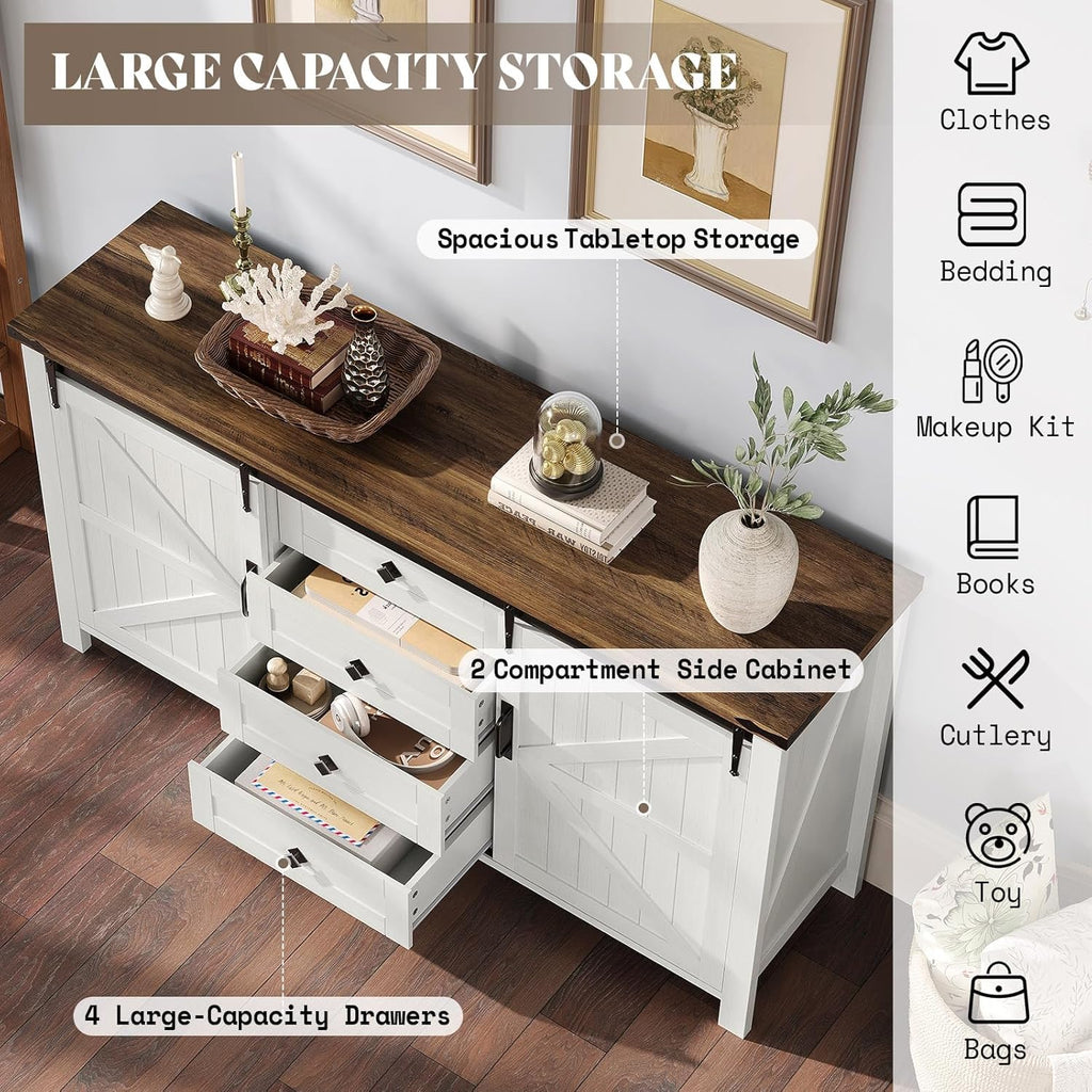 AMERLIFE 60" Farmhouse Dresser with Sliding Barn Doors, Rustic Dresser TV Stand with 4 Drawers, Storage Organizer for Bedroom/Entryway, Distressed White