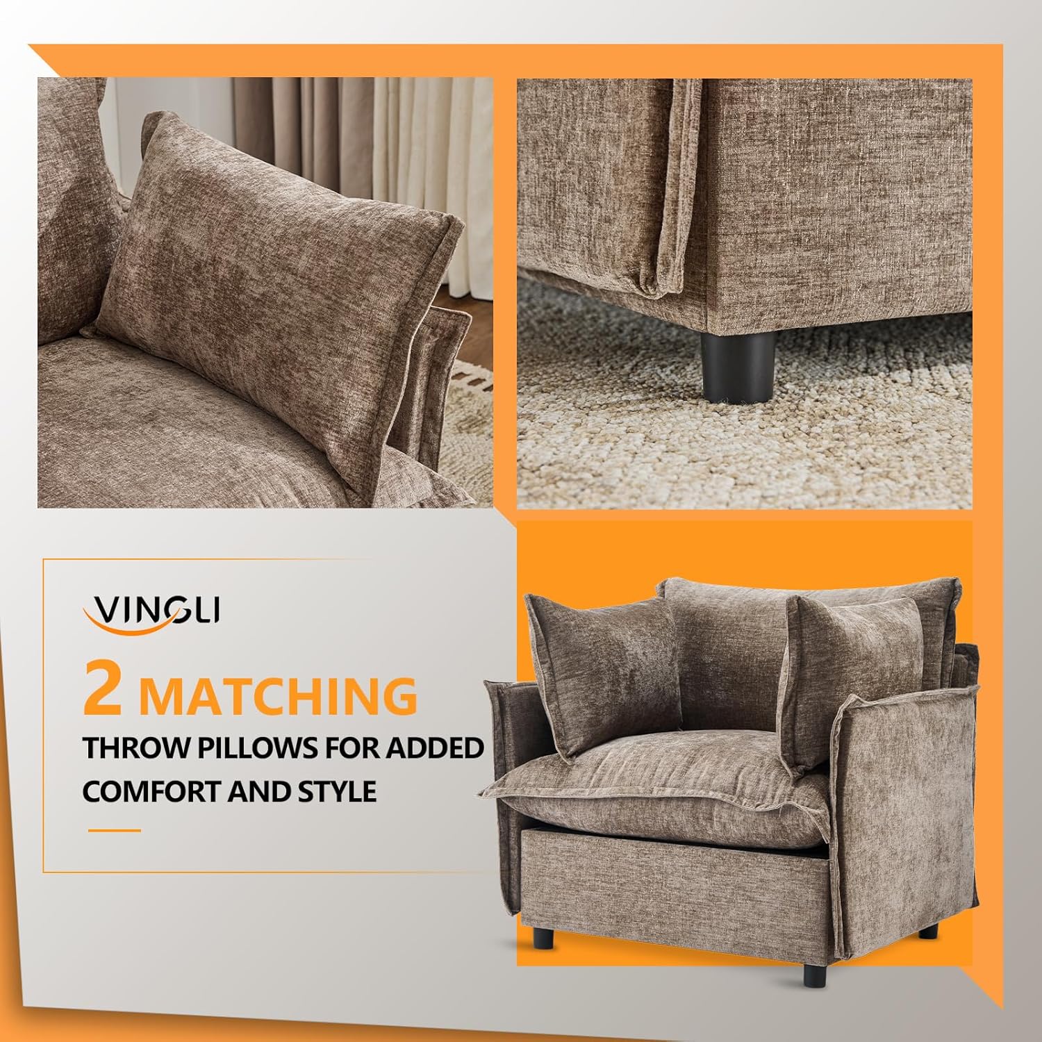 VINGLI 34" Oversized Accent Chairs Set of 2, Light Brown Reading Chair Upholstered Armchair Soft Chenille Fabric Living Room Chairs Sofa for Adults Bedroom, Home Office, Play Room