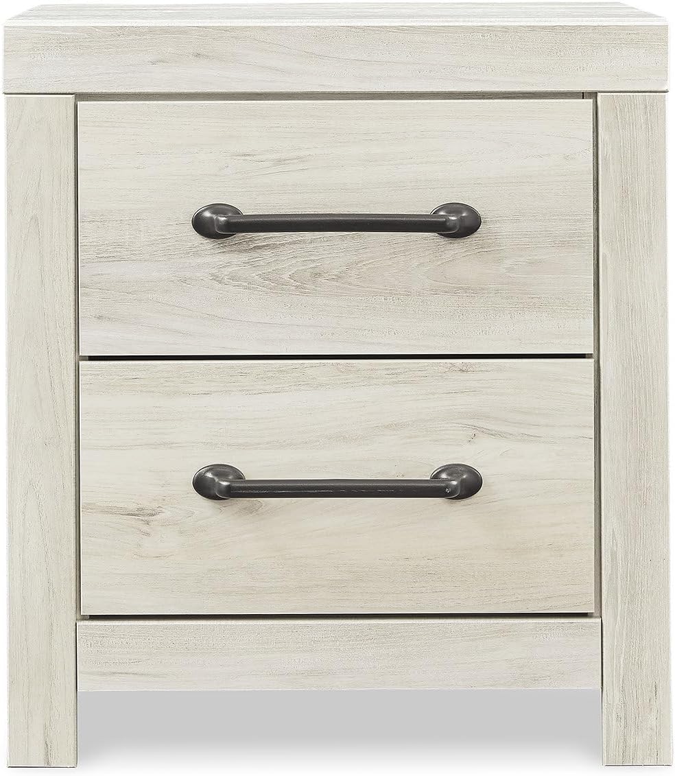 Signature Design by Ashley Cambeck Farmhouse Industrial 2 Drawer Two Drawer Nightstand with 2 Slim-Profile USB Charging Stations, 24.37" Tall, Whitewash