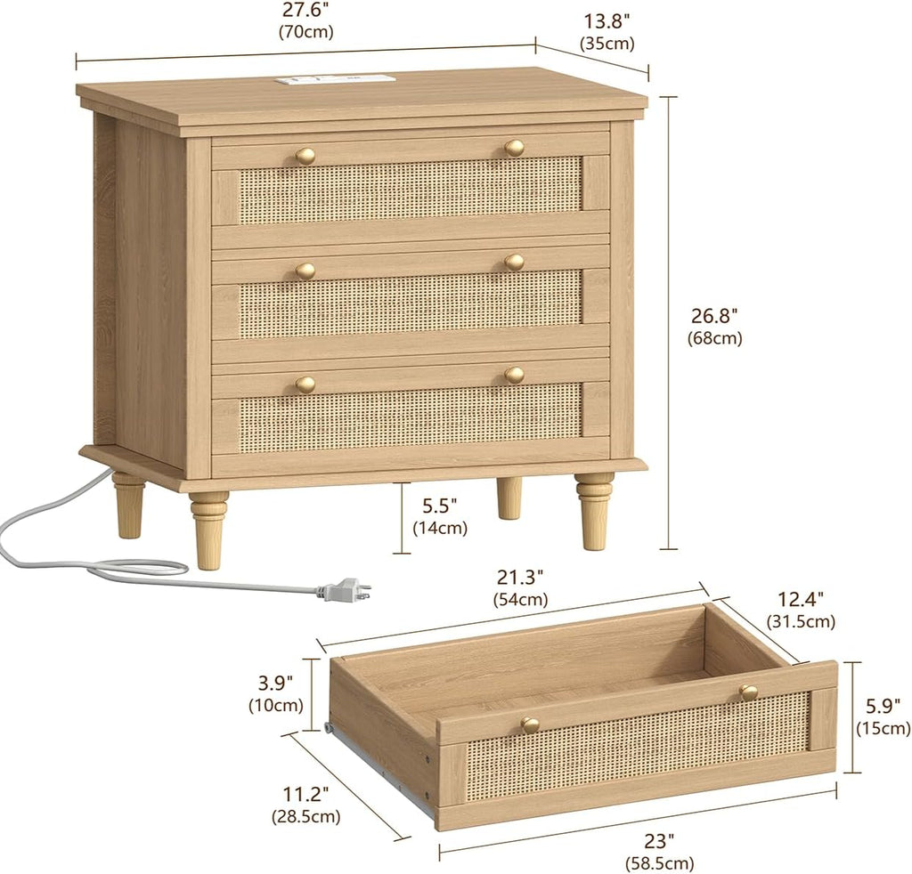 Keehusux 27.6" W Rattan Nightstand with 3 Drawers, Large Night Stand with Charging Station, Boho Bedside Table with Round Handles, Wooden End Table for Bedroom, Natural Oak