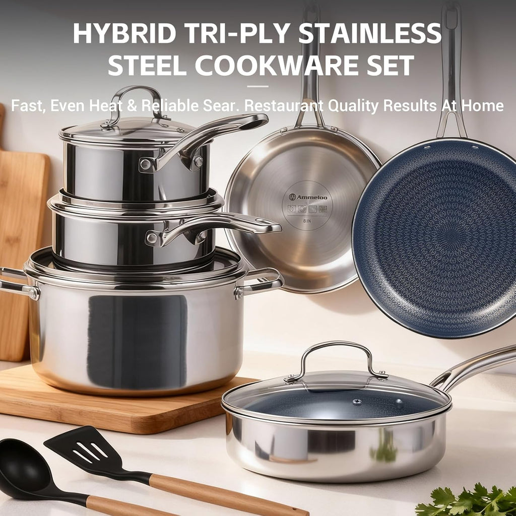 Ammeloo Hybrid Stainless Steel Cookware Set, 17-Piece Tri-Ply Pots and Pans Set Non Stick, Induction Kitchen Cookware Sets, Dishwasher & Oven Safe, PFOA Free, All Cooktops Compatible, Navy Blue