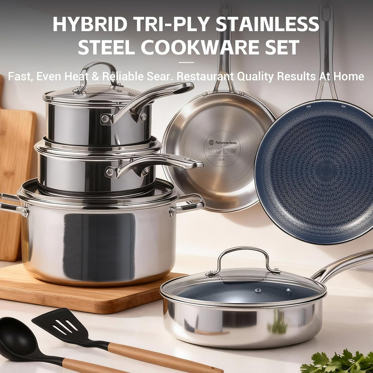 Ammeloo Hybrid Stainless Steel Cookware Set, 17-Piece Tri-Ply Pots and Pans Set Non Stick, Induction Kitchen Cookware Sets, Dishwasher & Oven Safe, PFOA Free, All Cooktops Compatible, Navy Blue