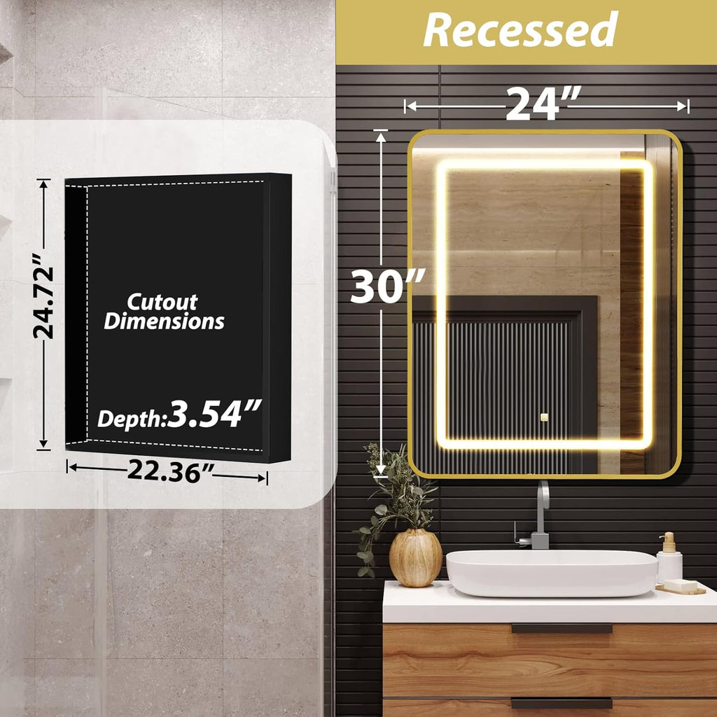 APRILSOUL 24X30 Inch Gold Bathroom Medicine Cabinet with Mirror, Recessed or Surface Lighted Medicine Cabinet with 3 Colors Temperature, Dimmable Light