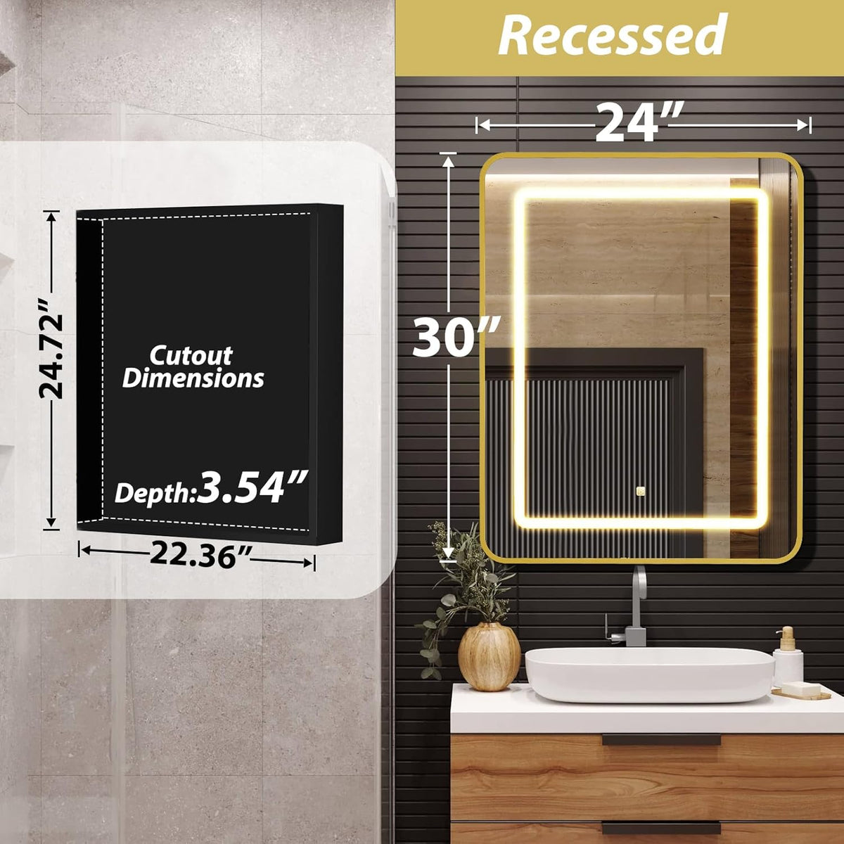 APRILSOUL 24X30 Inch Gold Bathroom Medicine Cabinet with Mirror, Recessed or Surface Lighted Medicine Cabinet with 3 Colors Temperature, Dimmable Light