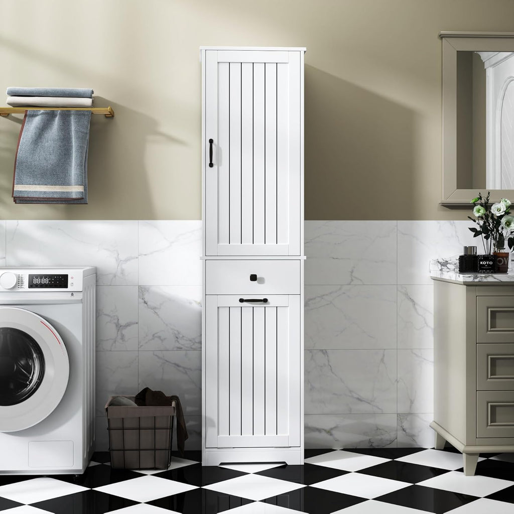 Laundry Cabinet with Doors and Shelf, Tilt-Out Laundry Hamper, Multiple Storage Space, Freestanding, Open Shelve, Adjustable Shelf, White, HU26041107 (11.81"x18.11"x70.87")