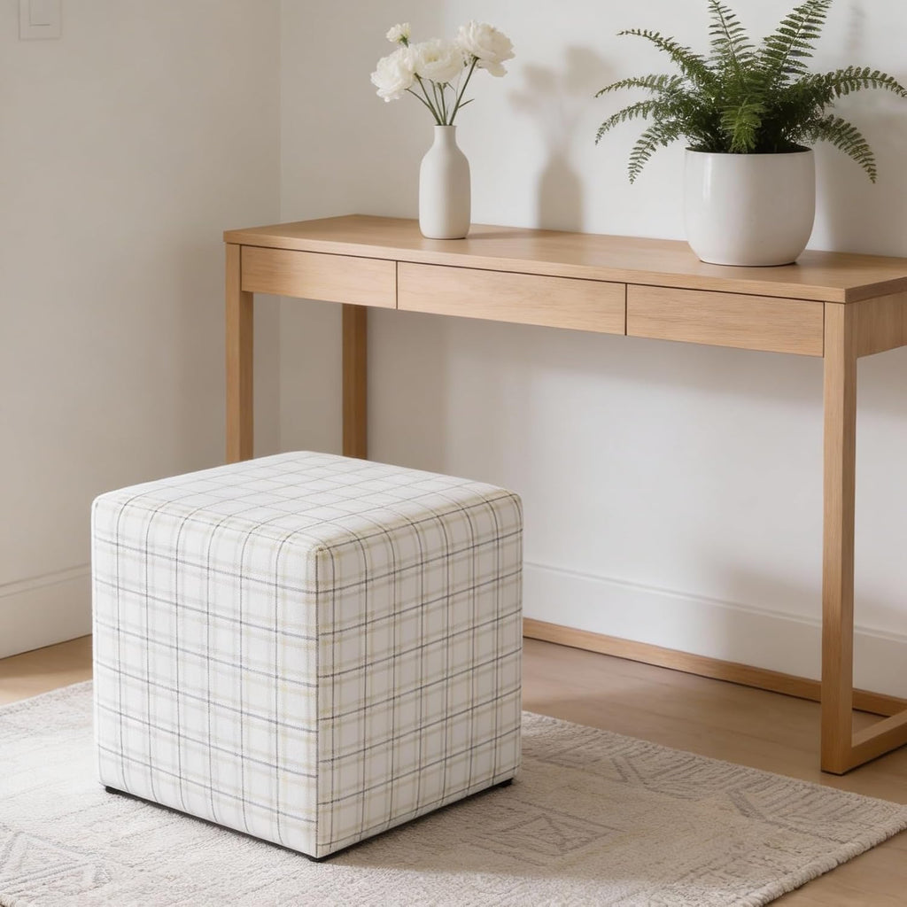 HomePop 19” Square Upholstered Ottoman with Solid & Engineered Wood Frame, Modern Cube Accent Stool for Living Room, Bedroom or Entryway - Natural Plaid Woven Fabric