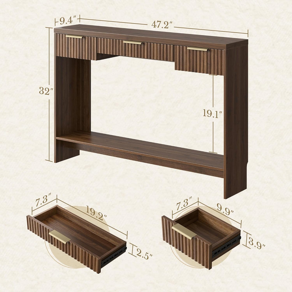Console Sofa Table .3 Drawer Entryway Table with Open Storage Shelf, Narrow Long Behind Couch Sofa Table for Living Room .Black Walnut