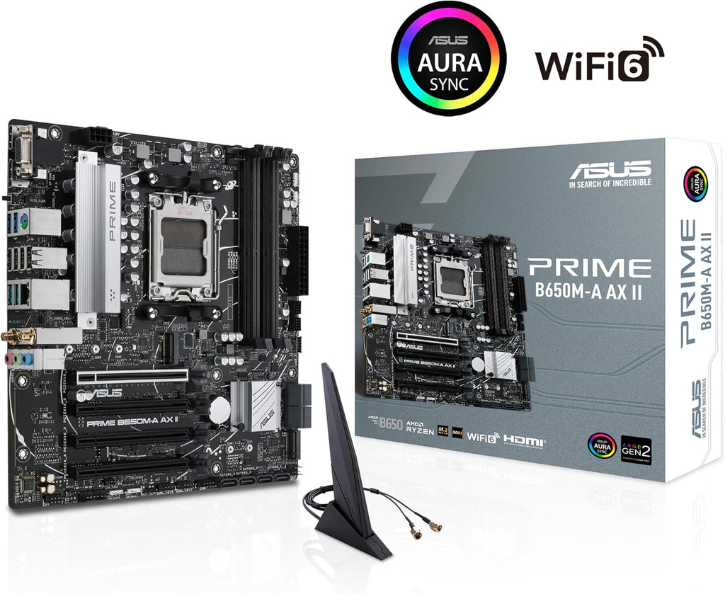 ASUS Prime B650M-A AX II AMD B650 AM5 Ryzen™ Desktop 9000 8000 & 7000 Micro-ATX mATX Motherboard, DDR5, PCIe 5.0 M.2, 2.5Gb LAN, Wi-Fi 6, DisplayPort, HDMI®, BIOS Flashback™ (Renewed)