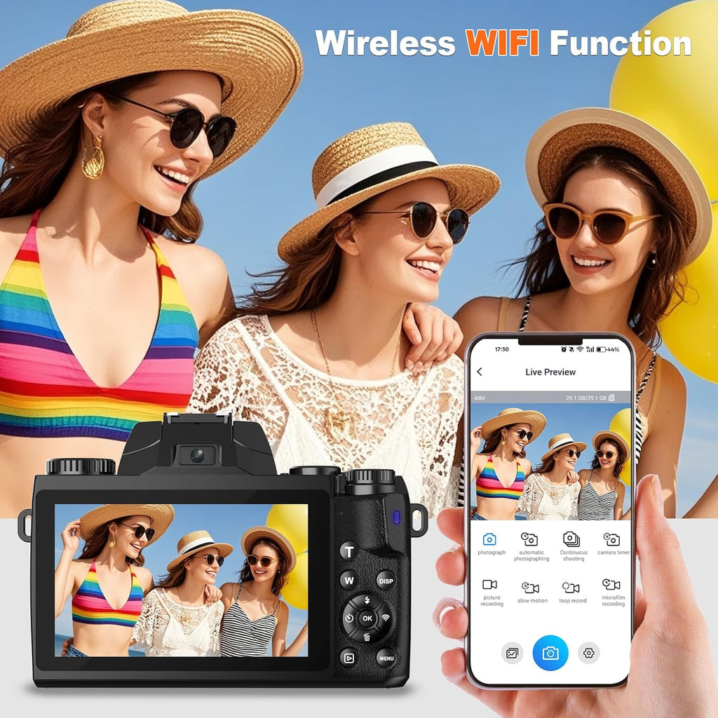 8K Digital Camera for Photography,64MP WiFi Dual-Lens Vlogging Camera for YouTube with 16X Digital Zoom,Flash,Touch Screen,32GB TF Card,Lens Hood,HDMI Output & 3000mAH Battery(Black)