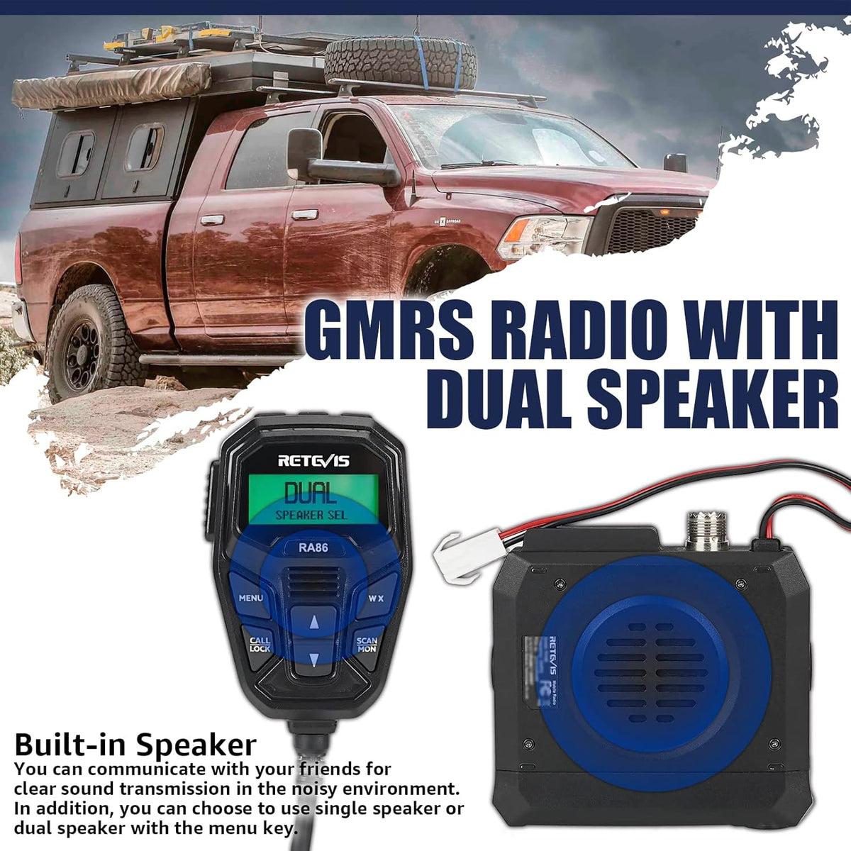 Retevis RA86 GMRS Mobile Radio - Update Chirp, GMRS Radio with Gain Antenna & Cigarette Lighter Plug, Repeater Channels Long Range Two Way Radio, NOAA Alert, Dual Speakers for Offroad, Jeep, Truck, RV