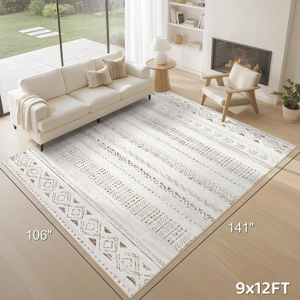 cotiled 9x12 Area Rug Living Room: Washable Boho Rugs with Non Slip Backing Large Soft Indoor Stain Resistant Carpet for Bedroom Farmhouse Dining Room Lightweight Home Decor L Brown/Cream